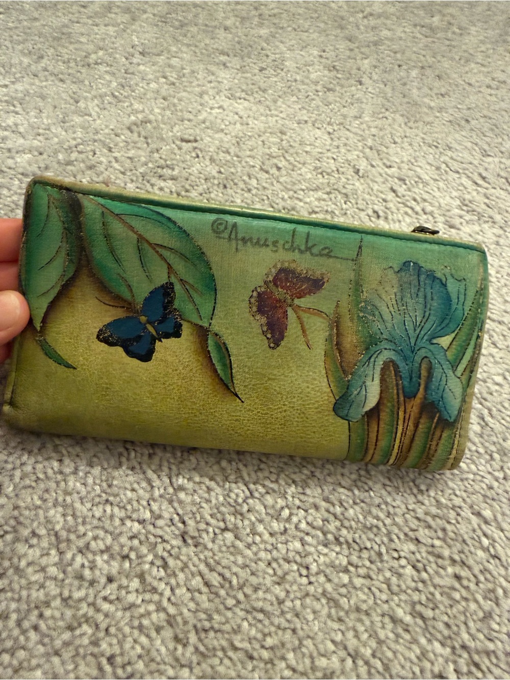 Anuschka Hand-Painted Genuine Leather 2-fold Wallet w Butterfly & Floral Designs